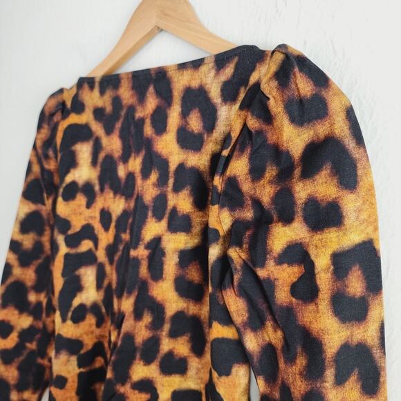 L'Agence Twisted V-Neck Leopard Print Puff Sleeve Blouse Brown Black XS NWT - Picture 7 of 9